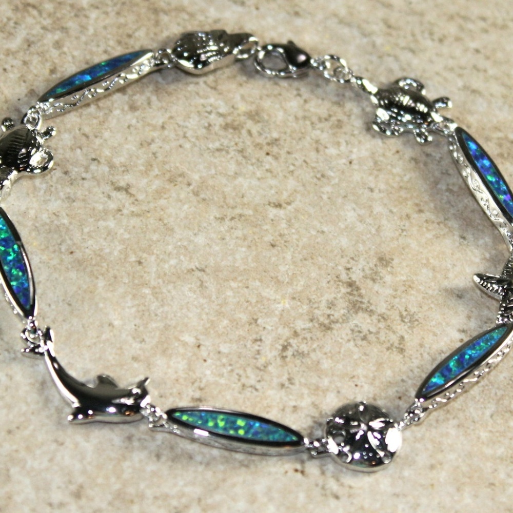 Blue Green Fire Opal Bracelet Sea Animals Crab
